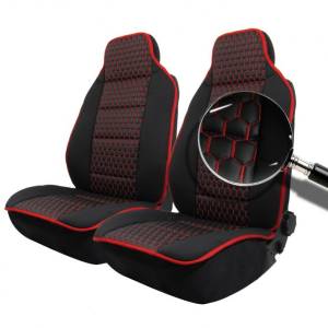 Комплект Универсална Тапицерия Тип Масажор 1+1 за Предни Седалки Лукс Черна със Червен шев, Еко Кожа