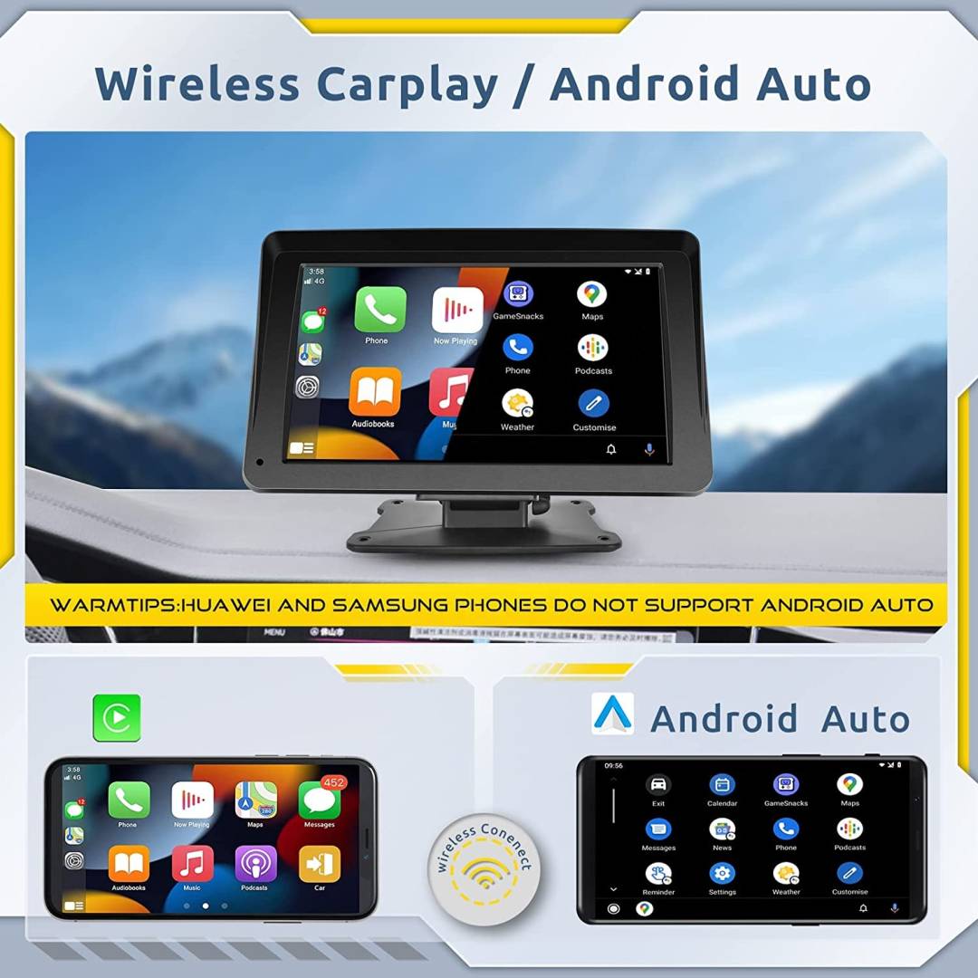 Преносим безжичен Carplay екран Airplay Android Auto Car Radio Stereo BT 7"